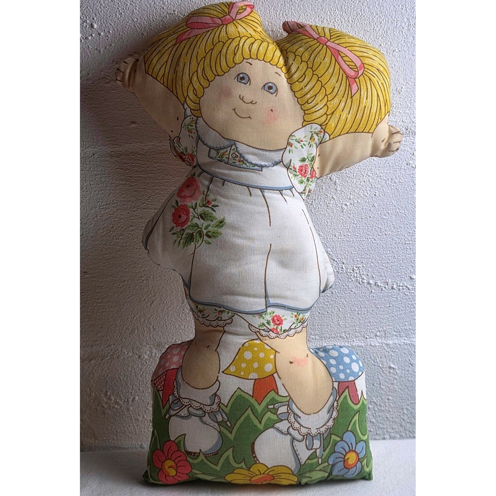 Vintage 80s Cabbage Patch Kids Fabric Pillow Doll Blonde Girl Mushroom Garden